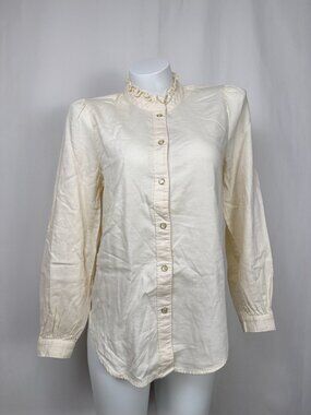 🔥3 for $25🔥GAP Womens S Cream Cotton Ruffle Neck Long Sleeve Button Up Shirt